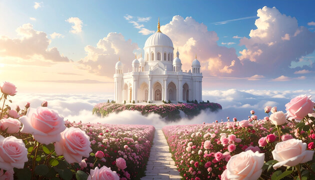 Ancient pink lotus flowers bloom before a historic temple dome under a clear sky, capturing the essence of religious architecture and landmark tourism in India