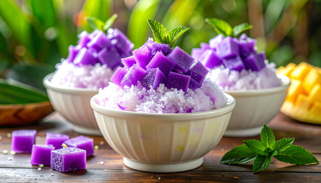 Fresh organic lavender and lilac flowers rest beside a healthy breakfast bowl of white curd and dairy cream for a relaxing aromatherapy spa treatment