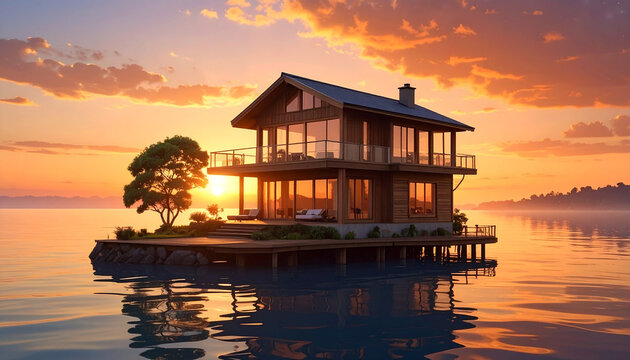 A serene tropical sunset over the lake reflects vibrant colors across the water near a luxury Maldives island resort villa and beach bungalow during a summer holiday travel vacation