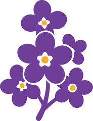 Illustration of forget me not flowers in bloom with purple petals and yellow centers
