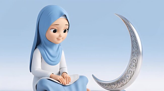Young girl in hijab with crescent moon on blue background