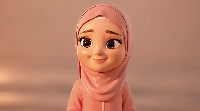 Cute animated girl in hijab with a warm smile in soft lighting