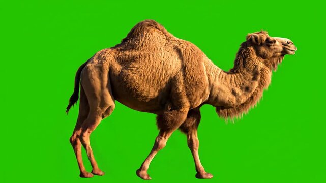 Dromedary waking Camel on Green screen.Green screen camel walking and running. croma key camel