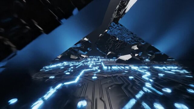 Close-up of a microchip with glowing blue circuits and a robotic arm hovering above, highlighting technological advancements