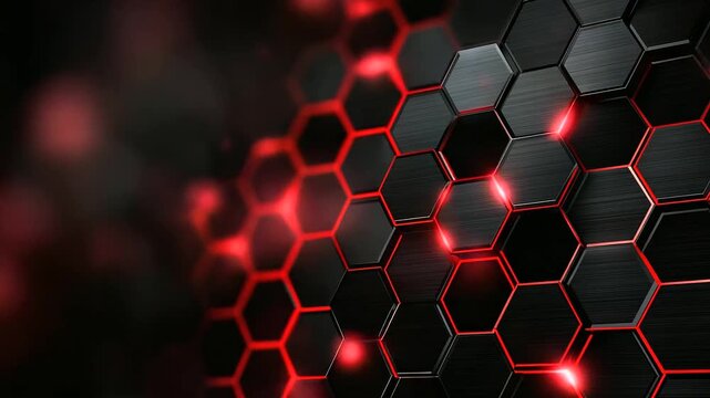 Dark hexagonal tech surface with red glowing lines, futuristic digital texture, abstract background for technology themes, subtle depth blur, with copy space