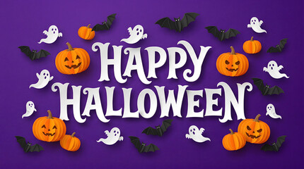 Happy Halloween 3D Paper Cut Text with Pumpkins on Purple