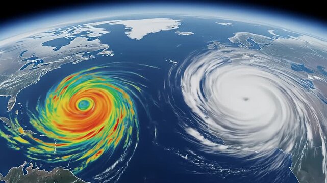 Two hurricanes visualized from space one with colorization, one in natural cloud format