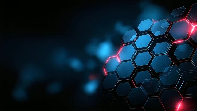 Dark blue hexagonal digital pattern with subtle red glow, futuristic science and technology background, abstract geometry, minimal design, defocused texture, with copy space