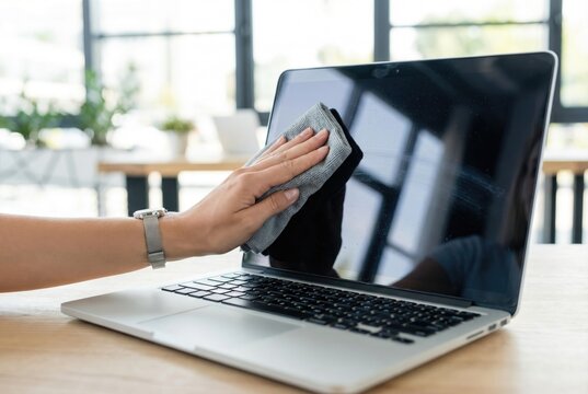 Close up of female hand wiping a dirty laptop screen with a grey microfiber cloth on desk