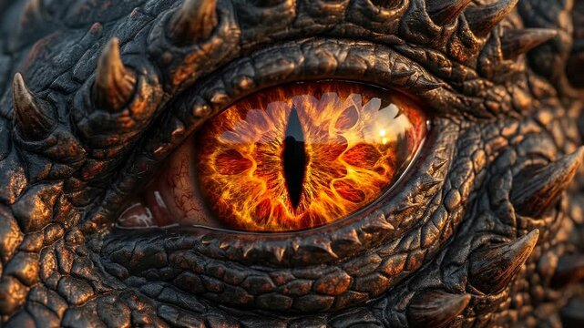 Fiery dragon gaze, Molten iris with black scales, Guardian dragon observing scorched ruins intensely, Cinematic depiction of watchful protector amidst fiery rubble