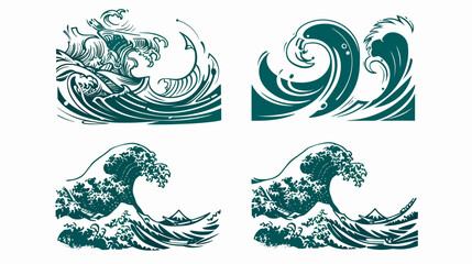 Naklejka premium Four stylized renderings of waves in varying stages of breaking and curling, against a white backdrop
