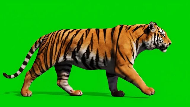 Bengal tiger walking isolated on green background wildlife concept