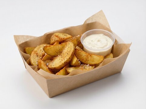 Country-style potatoes in a craft tray with sauce on a white background