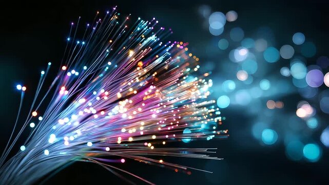 Fiber optic strands transmitting colorful light pulses, high-speed data connection, digital network infrastructure, abstract technology background, motion blur, defocused depth,