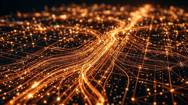 Futuristic digital abstract close up of glowing golden data streams flowing across a dark network grid with bokeh low angle macro detail