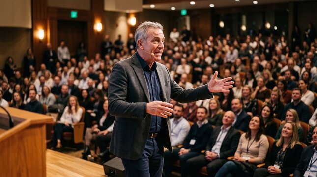Keynote speaker in grey suit gesturing on stage making eye contact with attentive seated audience in wood auditorium warm lighting