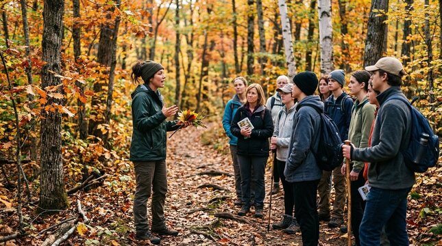 Outdoor education guide giving hands on leaf lesson to attentive hiking group on autumn woodland trail with golden backlit soft lighting