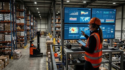 Plakat Industrial warehouse operations manager in orange vest and hard hat using tablet with screens overseeing forklift traffic under fluorescent lighting