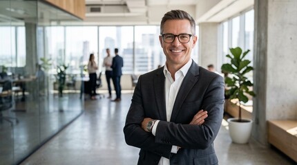 Obraz premium Corporate portrait of smiling businessman in grey suit with glasses arms crossed in modern glass office city with natural light