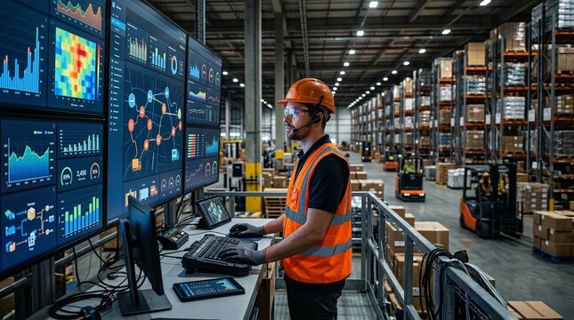 Close side profile warehouse supervisor monitoring multiple analytics dashboards on large screens while standing on mezzanine under cool industrial lighting