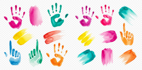 Colorful watercolor handprints and brush strokes collection, vibrant artistic elements for creative design projects.