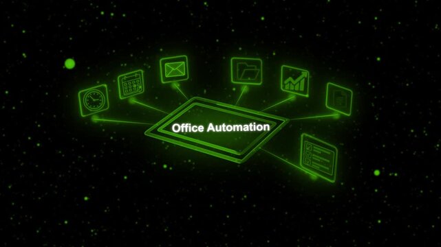 Office Automation concept with glowing neon icons for office automation, productivity management workflow digital transformation and corporate technology.
