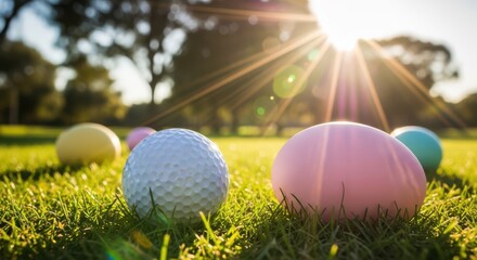 Naklejka premium A serene golf course scene with colorful Easter eggs and a golf ball at sunrise