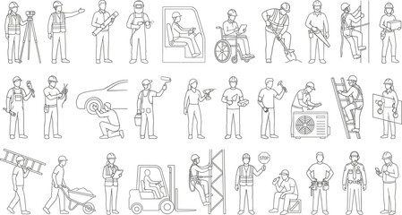 Fototapeta premium Construction Workers Tradespeople Performing Diverse Industrial Tasks and Services