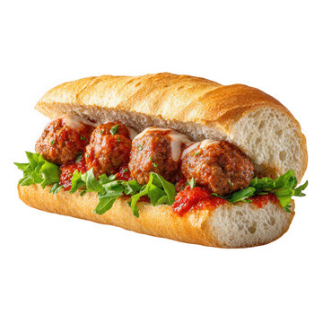 Delicious meatball sandwich with melted mozzarella cheese and fresh arugula on a crusty sub roll isolated on transparent background