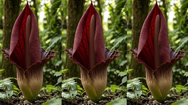 Blooming titan arum in the forest with tall stalk, dark spathe, and foliage surround