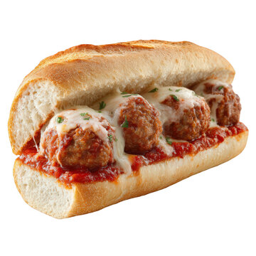 Delicious meatball sub sandwich with melted mozzarella cheese and marinara sauce isolated on transparent background