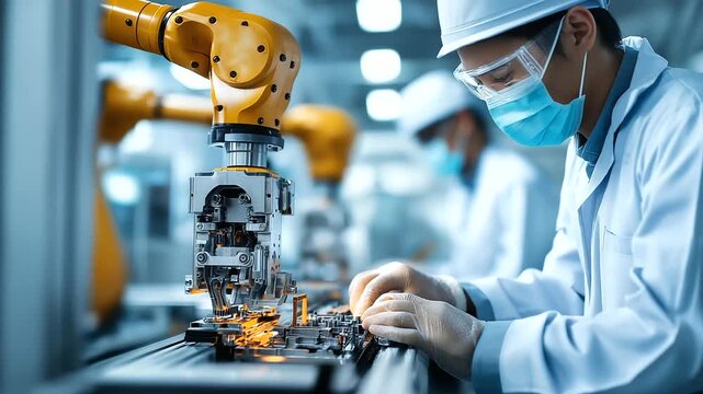 Faceless human and robot working side by side assembling aerospace components, cleanroom environment with bright white light, precision and safety, with copy space