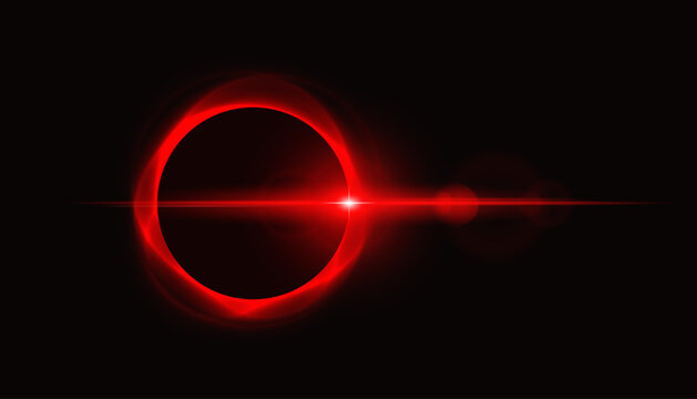 Deep space photograph of a total solar or lunar eclipse. A dark black circular silhouette is framed by a vibrant, fiery red corona. A powerful horizontal lens flare cuts across the center, with artifa