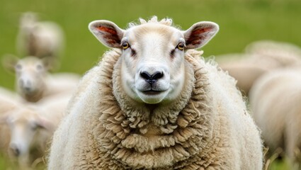 Obraz premium Medium shot of a fluffy white sheep with thick wool looking directly at the camera in a green pasture under natural daylight