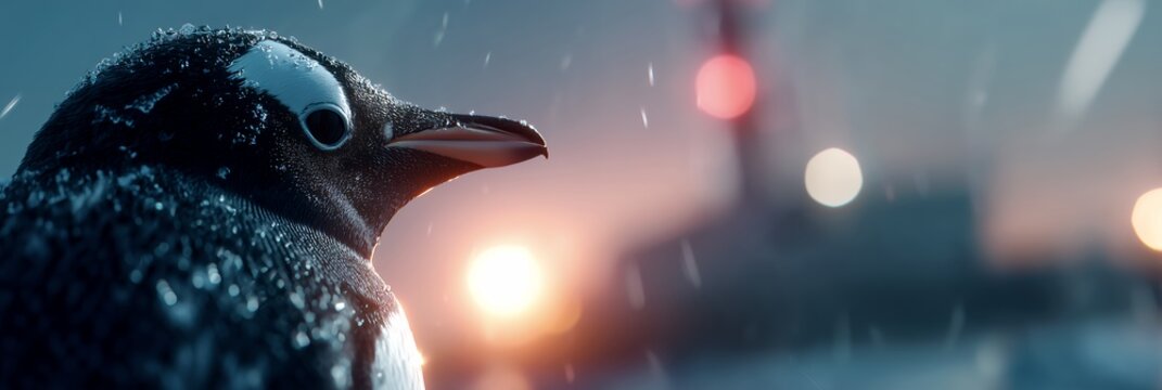 Scientist observing penguin and ocean pollution near icebergs in snow flurries