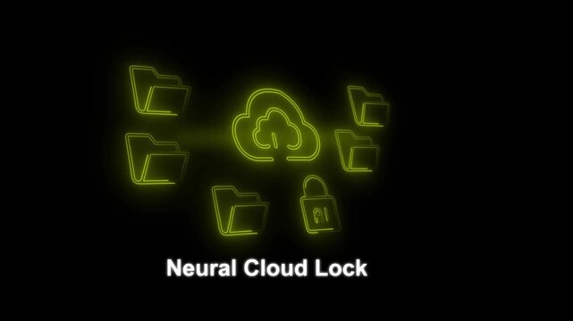 Cybersecurity cloud storage neural cloud lock concept with neon folders AI security lock and futuristic digital networking infographic for technology.
