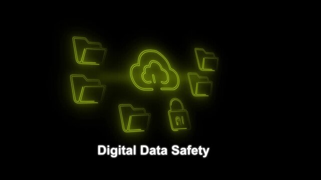 Cybersecurity cloud storage digital data safety concept with neon folders AI security lock and futuristic digital networking infographic for technology.
