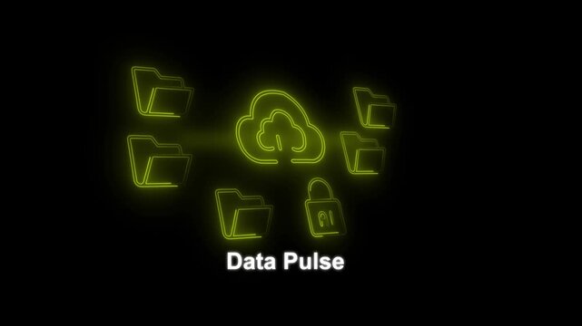 Cybersecurity cloud storage data pulse concept with neon folders AI security lock and futuristic digital networking infographic for technology.
