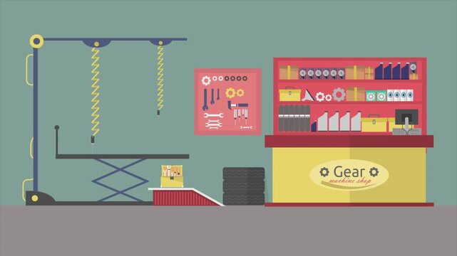 Detailed Animation of a Gear Machine Shop Interior with Automotive Tools and Supplies