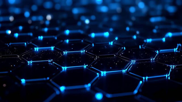 Blue glowing hexagonal network pattern on dark background.
