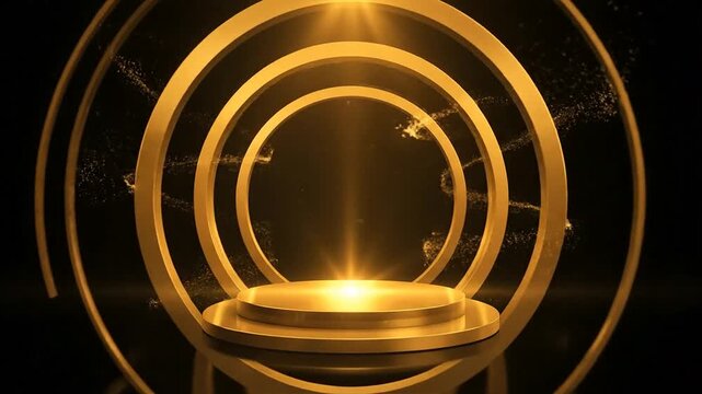 Glistering gold dais surrounded by concentric circles shining brightly in a dark environment, viewed from directly above