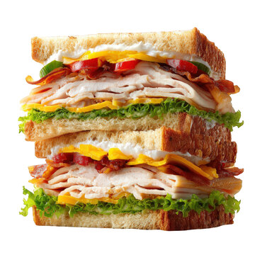 Delicious stacked turkey sandwich with bacon, lettuce, and cheese isolated on transparent background