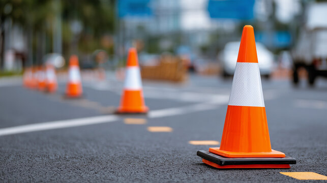 A road construction warning sign with cones and temporary lane markings on a busy road