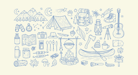 Naklejka premium Camping and Hiking Outdoor Adventure Doodle Set with Tent Backpack Campfire and Nature Elements
