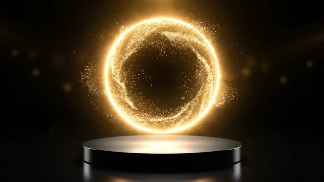 A glistering gold ring on a raised dais shines with radiant light in a dark environment.