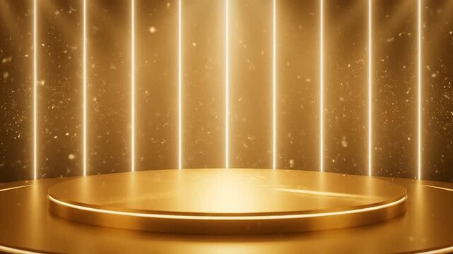 Glistering gold dais illuminated by vertical light rays on a luxurious circular platform surrounded by sparkling particles