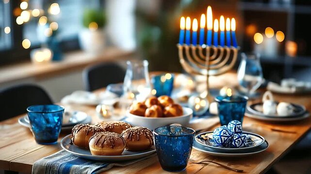Festive Hanukkah dining table setup with lit menorah traditional dreidels sweet sufganiyot and blue and white decorations in warm home setting, with copy space