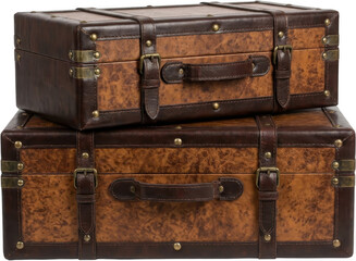 Stacked vintage leather travel suitcases featuring dark brown leather trim brass hardware and textured surfaces suggesting classic journeys and expeditions luggage antique transparent background