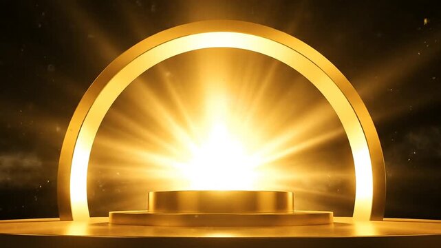 A glistering gold dais stands on a stage, illuminated by a radiant gold light shining from behind a semicircular arch.
