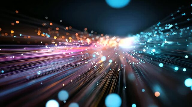 Fiber optic strands transmitting colorful light pulses, high-speed data connection, digital network infrastructure, abstract technology background, motion blur, defocused depth,